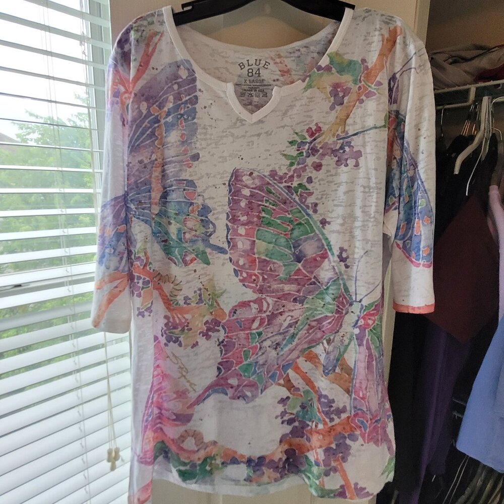 Blue 84 watercolor print butterfly tee art shirt